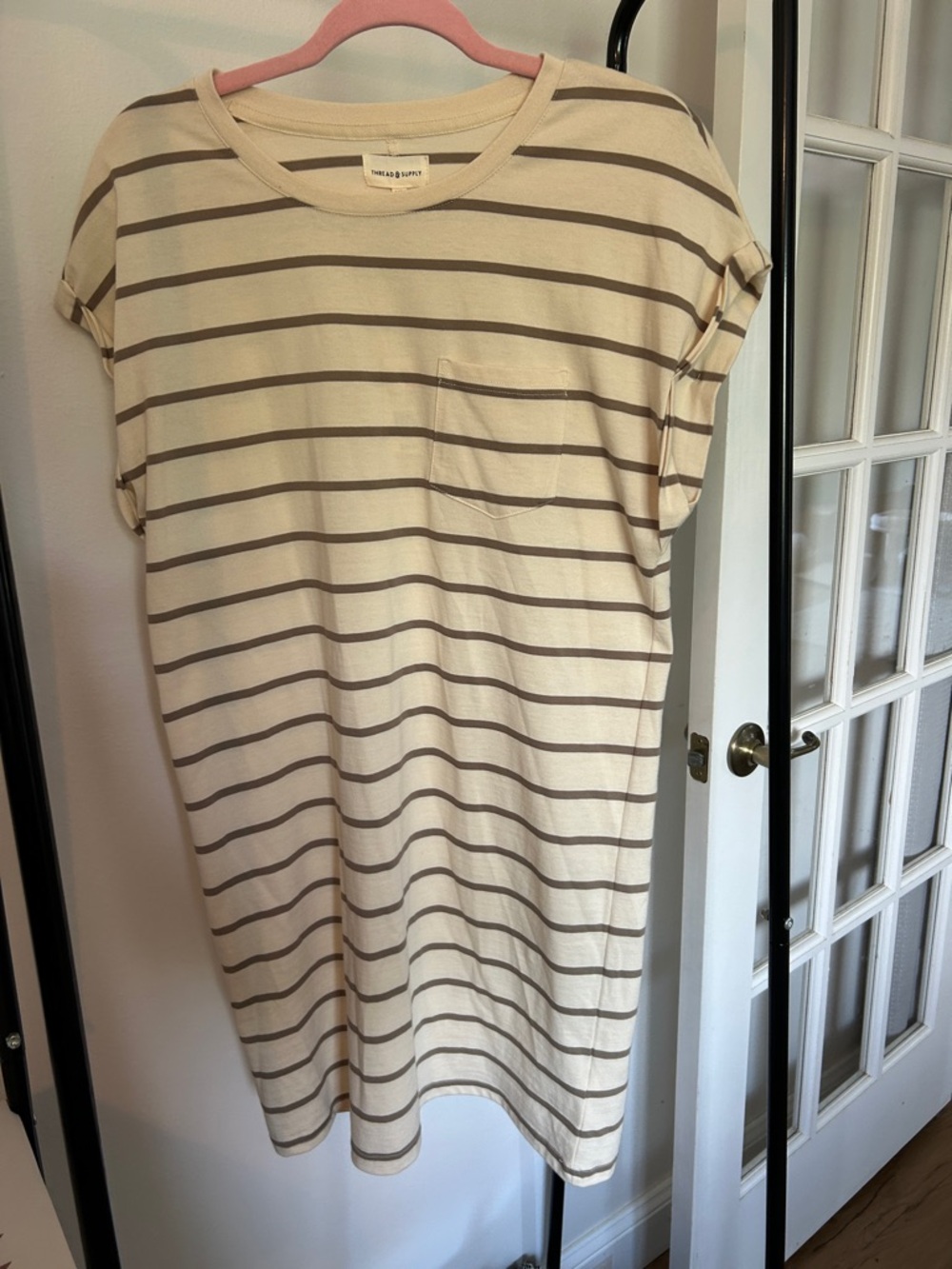 Thread & Supply Cream and Taupe Striped Midi T-Shirt Dress
